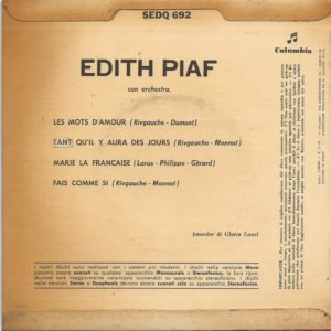 EDITH PIAF - Les mots d'amour, Tant qu'il y aura des jours, Marie la francaise, Fais comme si - 14/02/62
