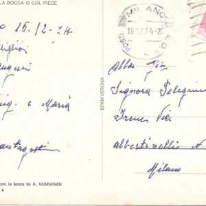 BUON NATALE - Cartolina artistica di pittori dipingenti con la bocca o col piede - 16/12/74