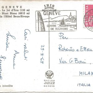 GENEVE - Le jet d'eau et le Mont Blanc depuis l'Hotel Beau-Rivage - 29/08/68