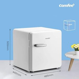 COMFEE' RCD50WH1RT(E) 47L Frigorifero tavolo mono porta, design Retrò, controllo temperatura regolabile, adatto per casa, ufficio e altre applicazioni domestiche | Colore bianco [Classe di efficienza energetica F]