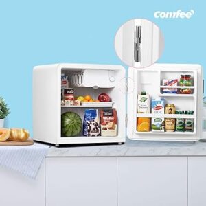 COMFEE' RCD50WH1RT(E) 47L Frigorifero tavolo mono porta, design Retrò, controllo temperatura regolabile, adatto per casa, ufficio e altre applicazioni domestiche | Colore bianco [Classe di efficienza energetica F]